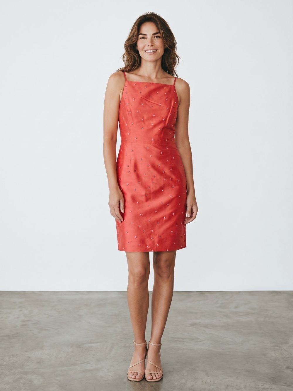 Ann Taylor 100% Silk Coral Sleeveless Embellished Mini Dress Size 6 Petite